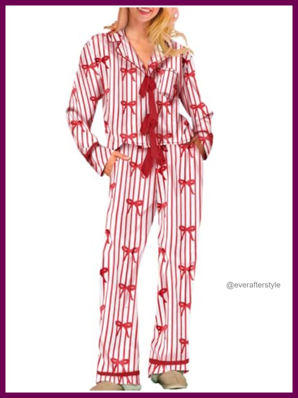 Satin Silk Bow Pajama Set Long Sleeve Shirt Pants 2 Piece Sleepwear